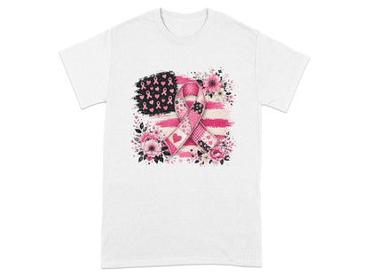 T-shirt with a pink ribbon and floral design over a distressed American flag.