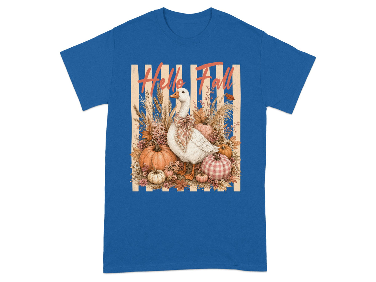 White goose with floral bow surrounded by pumpkins and fall foliage, "Hello Fall" text.