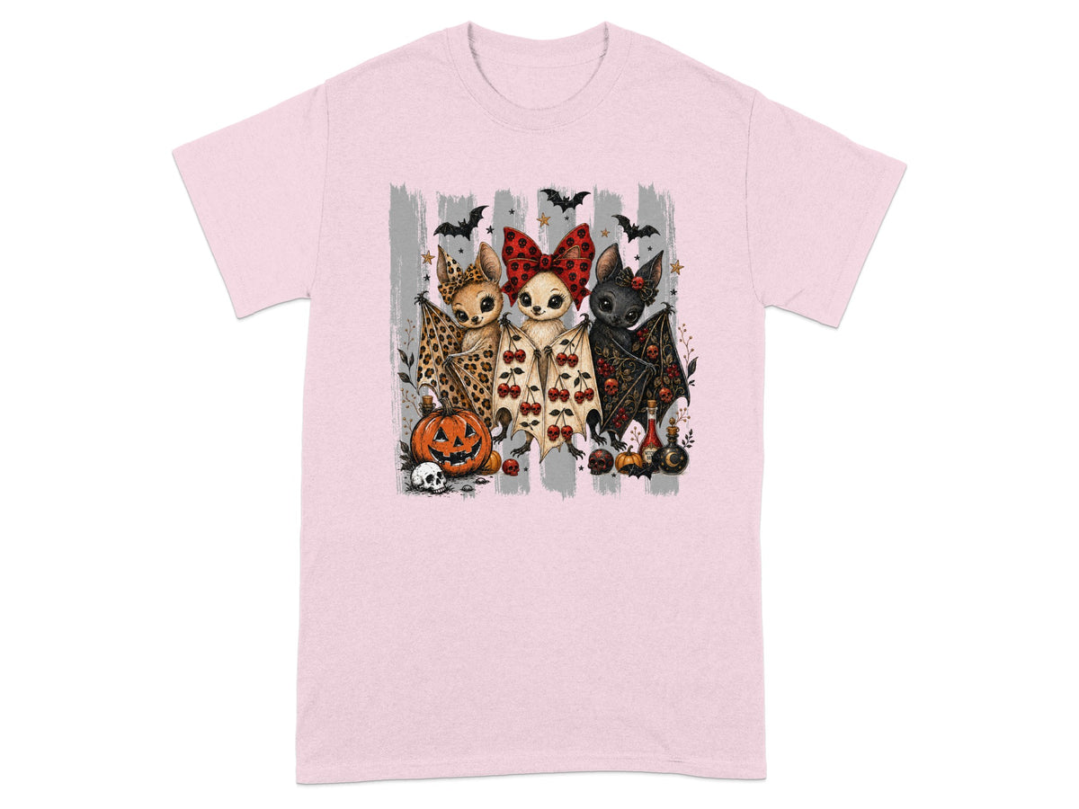 Three cartoon bats with Halloween-themed outfits and decorations.