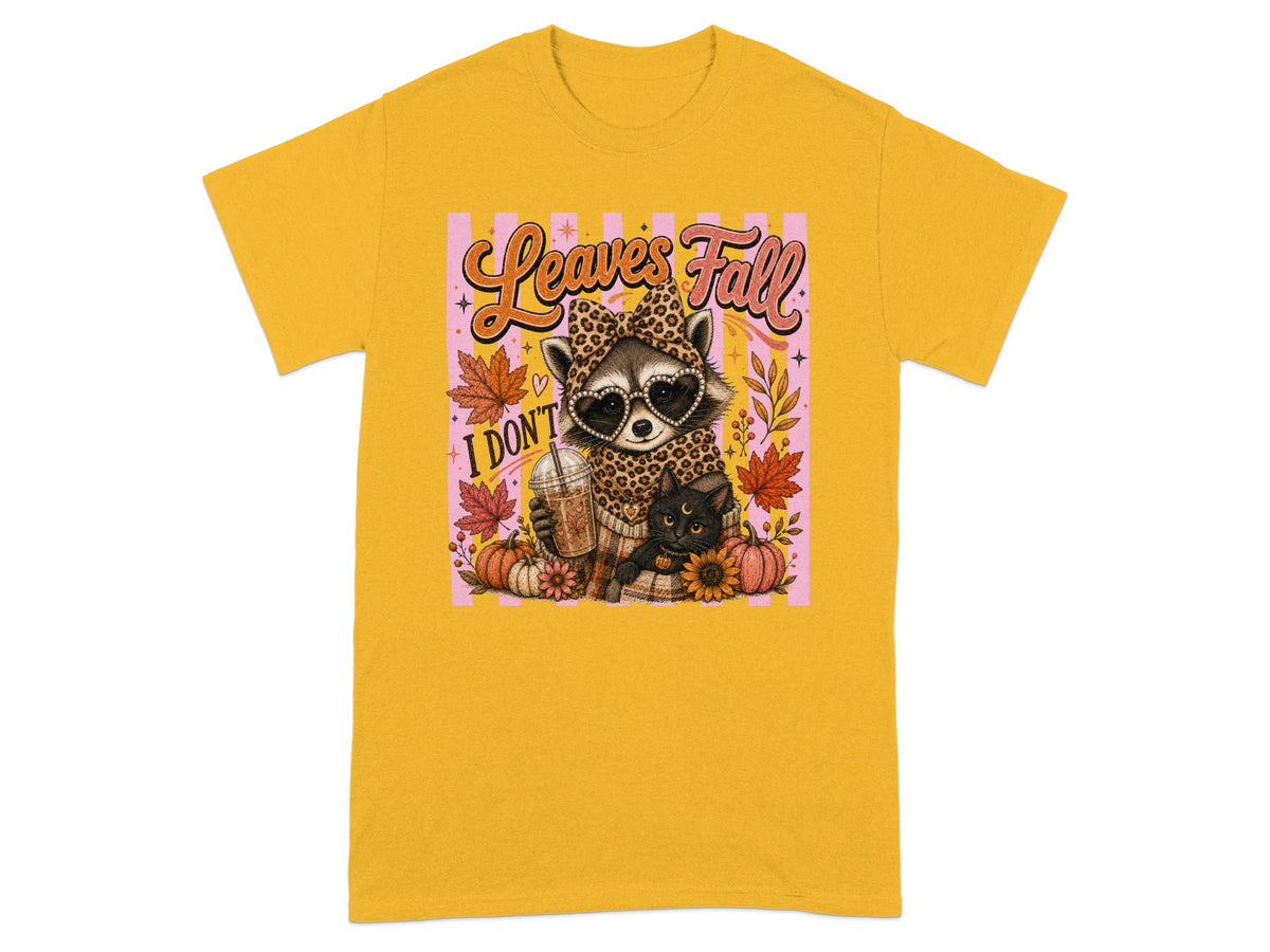 Raccoon in leopard print, heart sunglasses, holding coffee, with black cat and fall leaves.