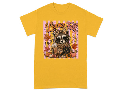 Raccoon in leopard print, heart sunglasses, holding coffee, with black cat and fall leaves.