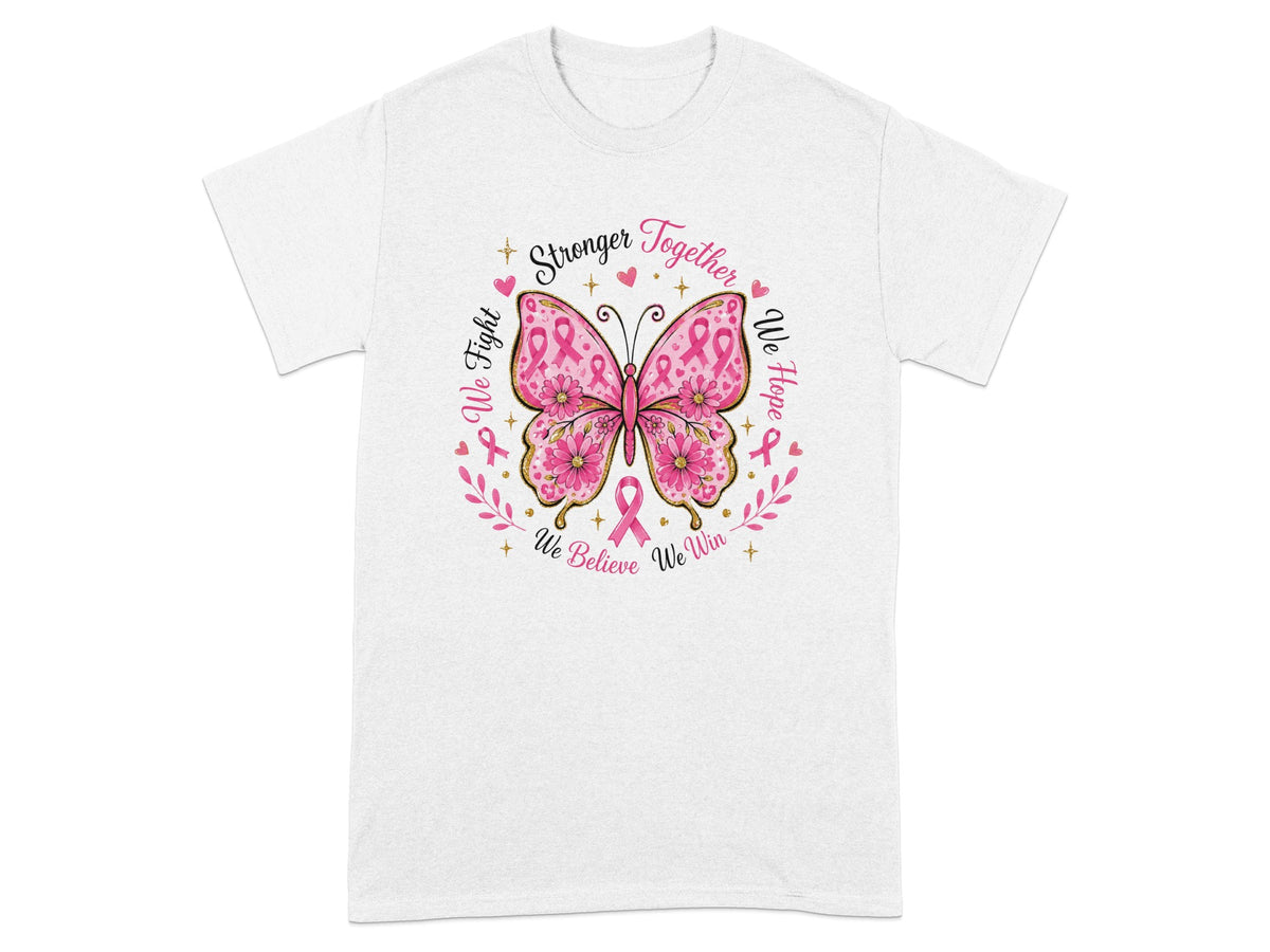 White t-shirt with pink butterfly design and breast cancer awareness slogans.