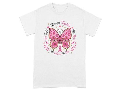 White t-shirt with pink butterfly design and breast cancer awareness slogans.