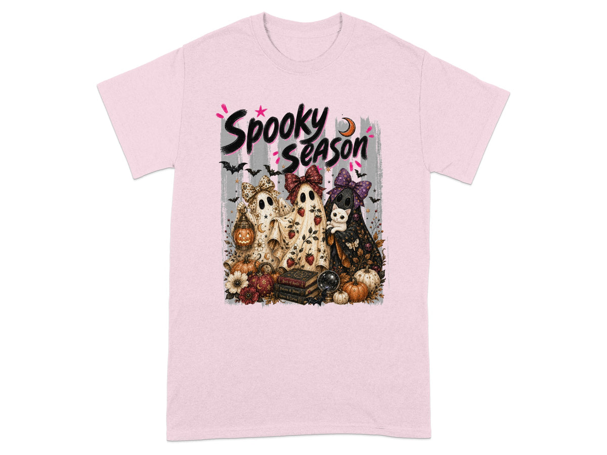 Spooky Season graphic with three decorated ghosts, pumpkins, and books.