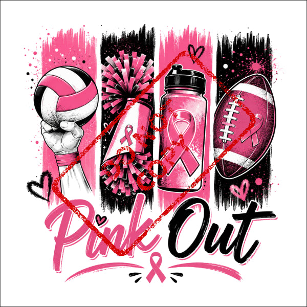 Volleyball, pom-poms, water bottle, and football with pink ribbons and text "Pink Out".