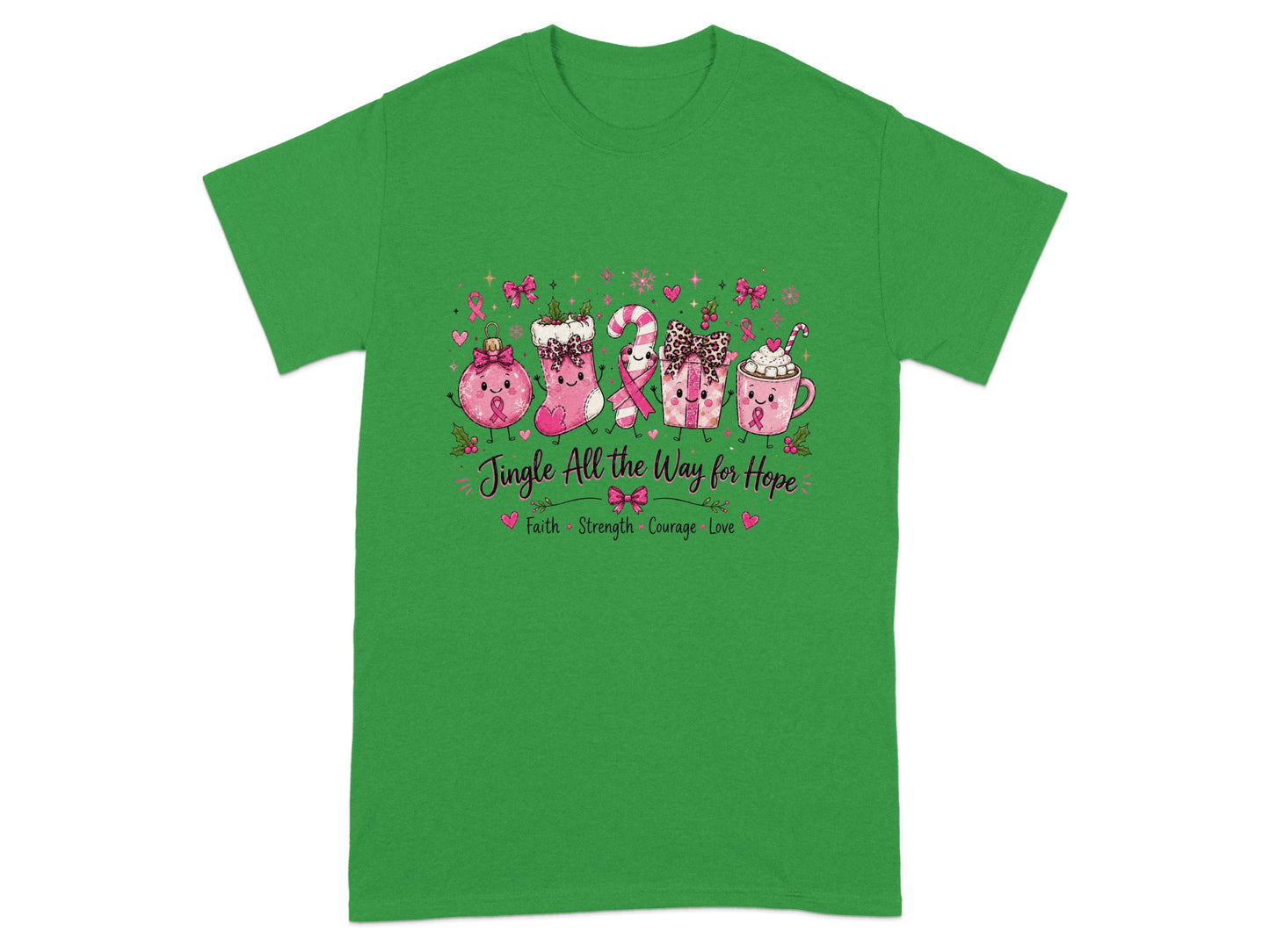 Green t-shirt with "Jingle All the Way for Hope" and breast cancer awareness graphics.