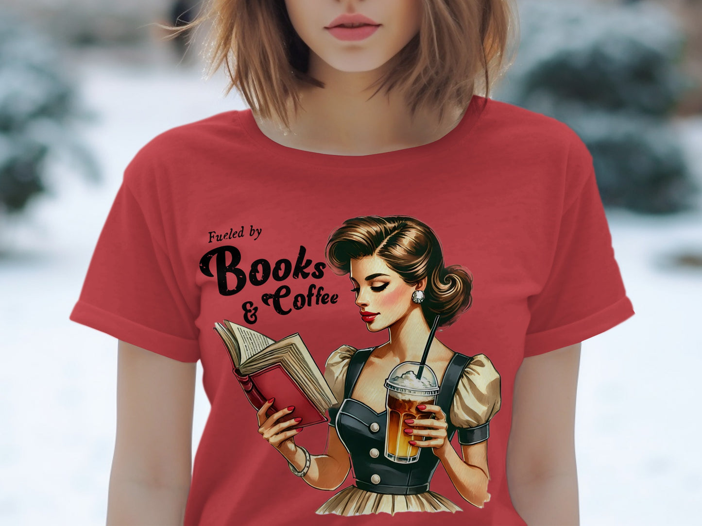 Red t-shirt graphic: "Fueled by Books & Coffee" with retro woman reading.