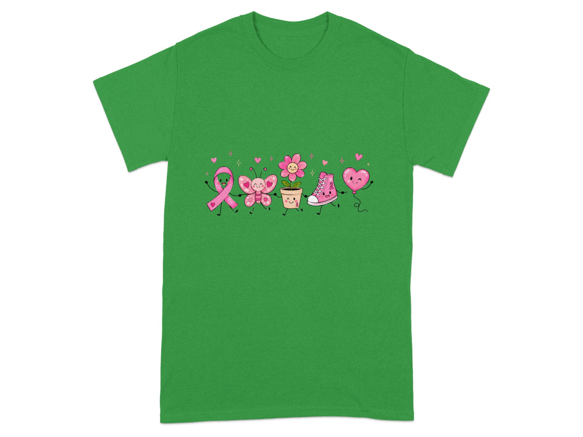 Pink ribbon, butterfly, flower, sneaker, and heart characters dance with pink accents.