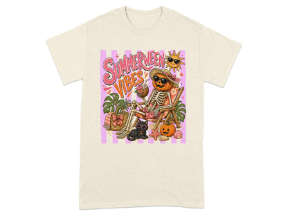 Skeleton with pumpkin head on beach chair with "Summerween Vibes" text.