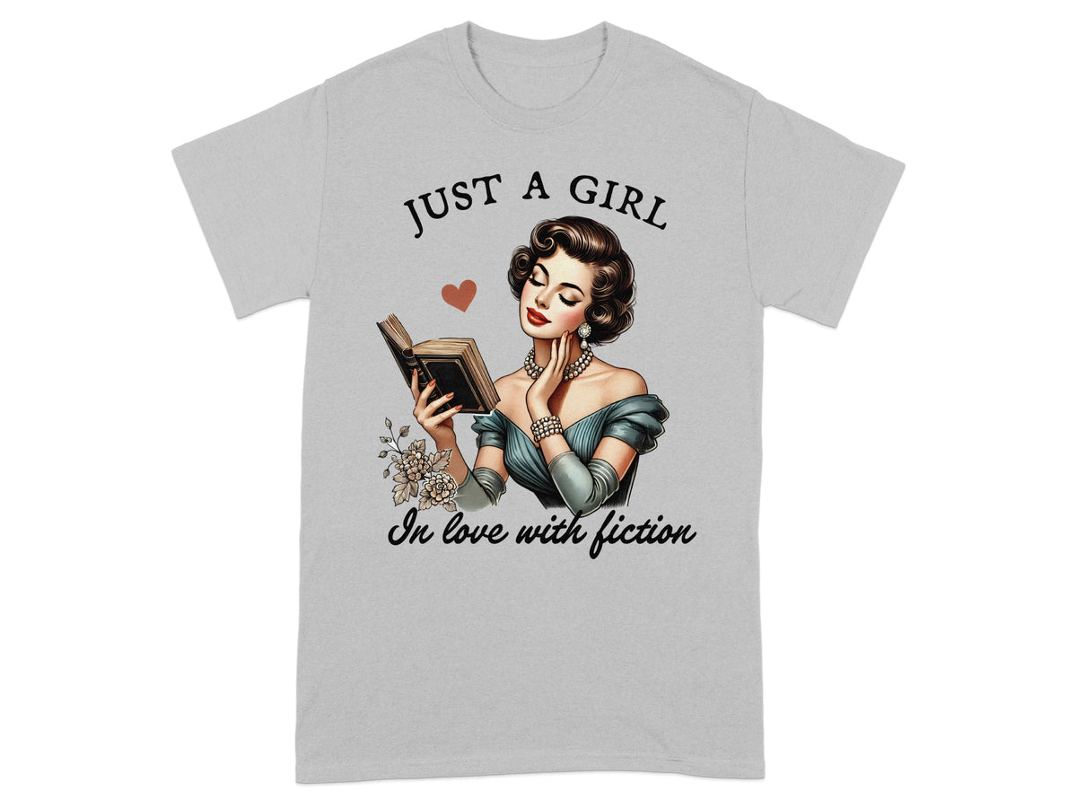 T-shirt with vintage illustration and text "Just a girl in love with fiction."