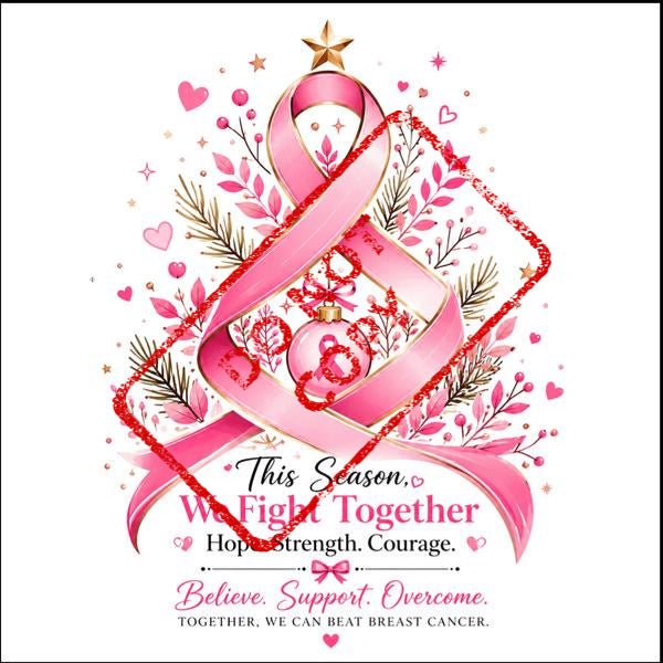 Pink ribbon Christmas tree with inspirational text about fighting breast cancer.