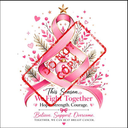 Pink ribbon Christmas tree with inspirational text about fighting breast cancer.