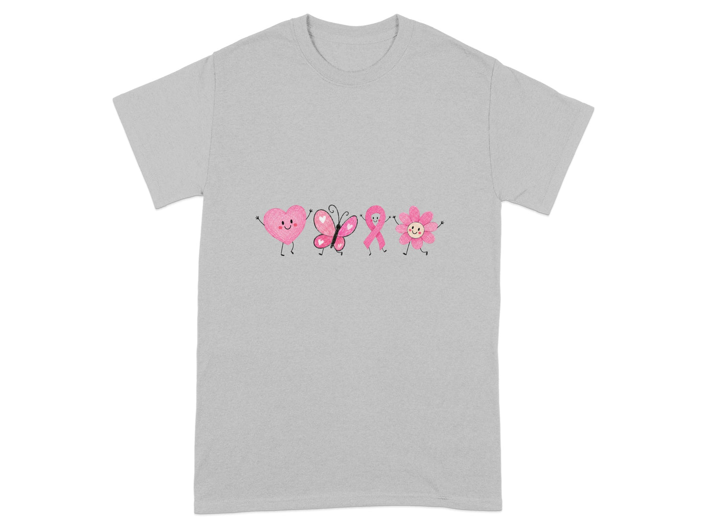Pink heart, butterfly, ribbon, and flower graphics on a grey t-shirt.