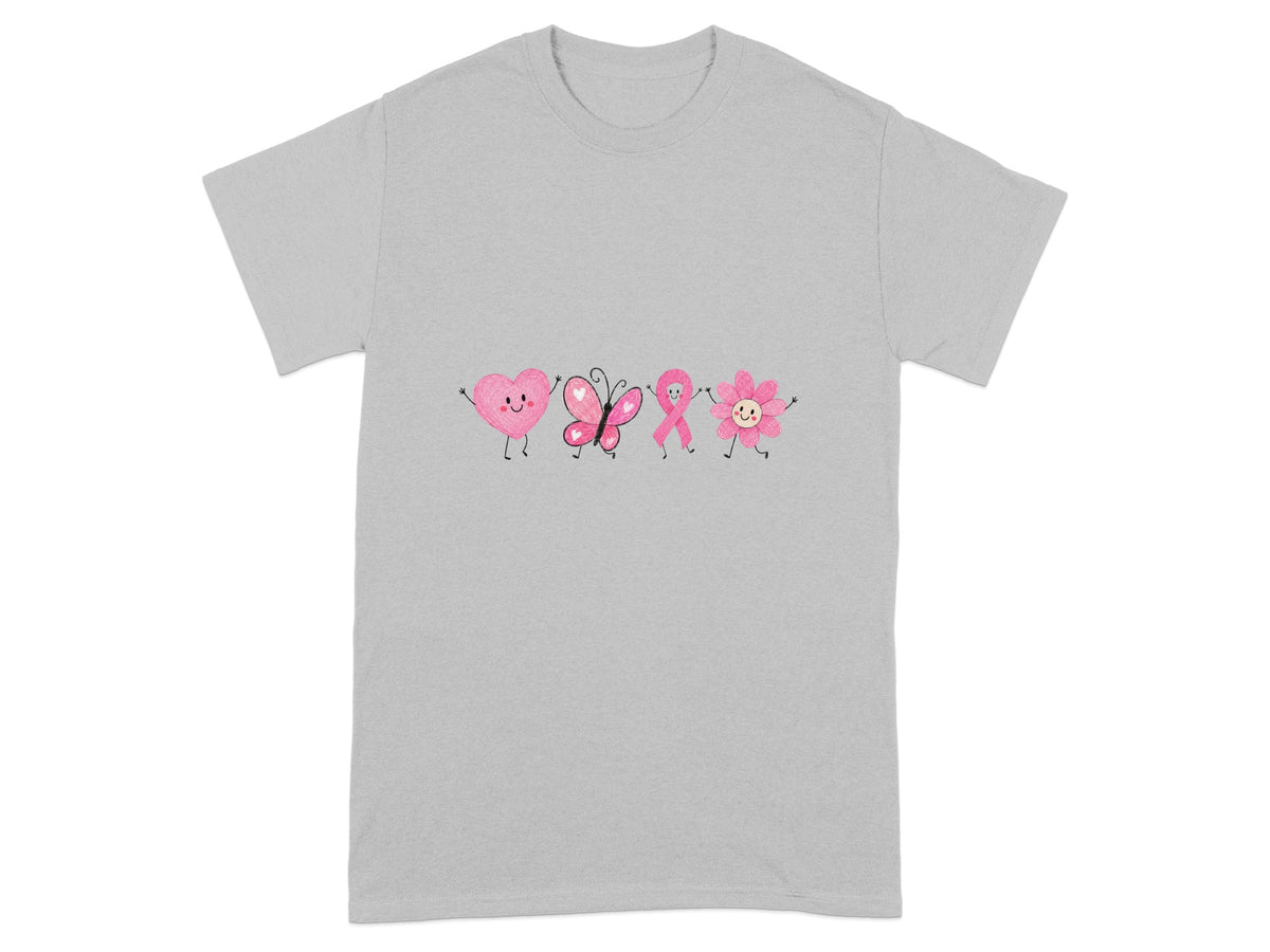Pink heart, butterfly, ribbon, and flower graphics on a grey t-shirt.