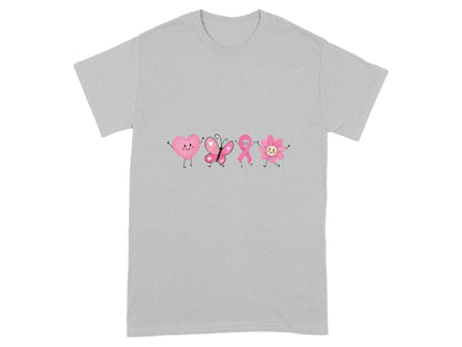 Pink heart, butterfly, ribbon, and flower graphics on a grey t-shirt.