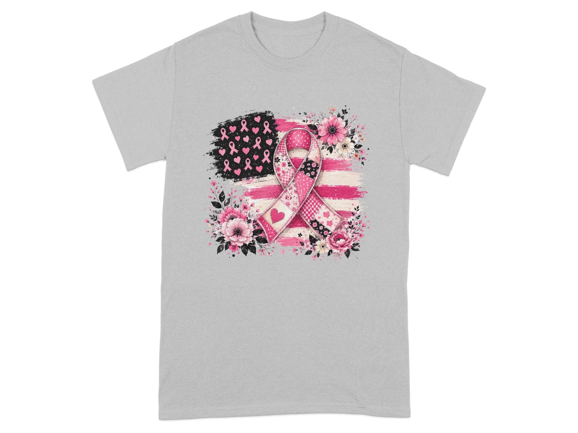Gray t-shirt with an American flag design featuring pink ribbon and floral accents.