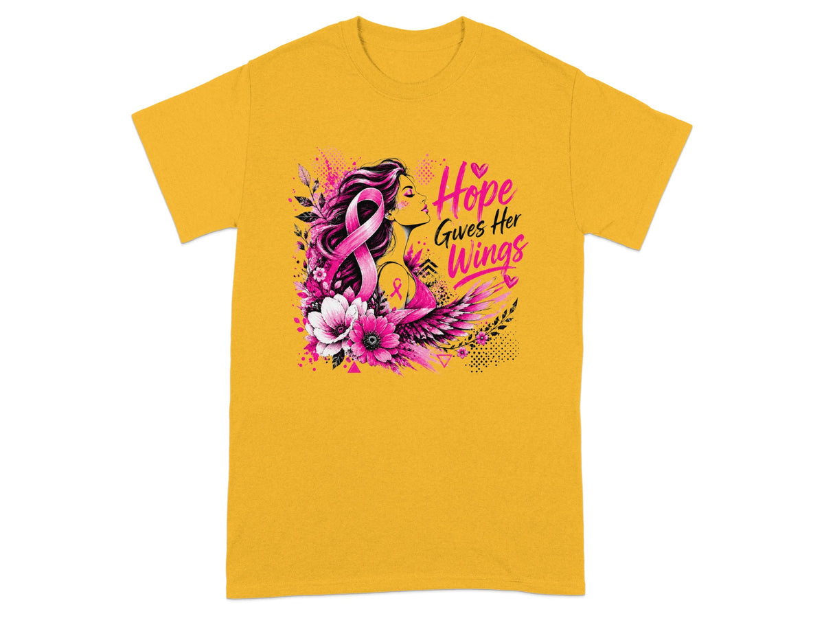 Woman with pink ribbon and text "Hope Gives Her Wings," surrounded by flowers.