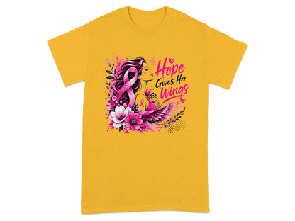 Woman with pink ribbon and text "Hope Gives Her Wings," surrounded by flowers.