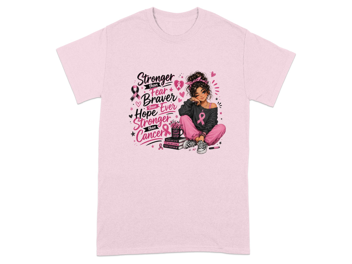 Girl with pink ribbon art: Stronger than Fear, Braver than Cancer.