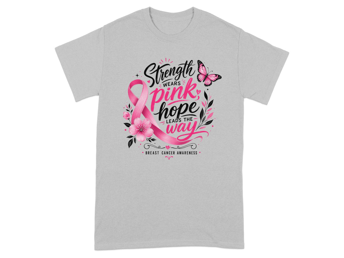 Breast cancer awareness shirt with pink ribbon, flowers, butterfly, and text.