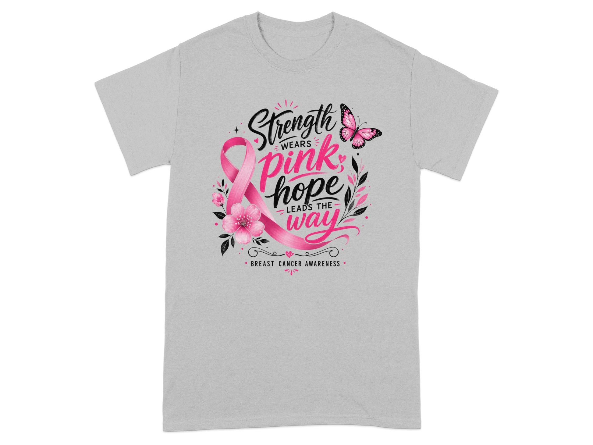 Breast cancer awareness shirt with pink ribbon, flowers, butterfly, and text.