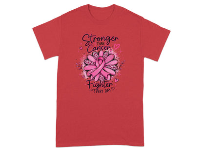 Red t-shirt with a pink ribbon and "Stronger Than Cancer Fighter Every Day" graphic.