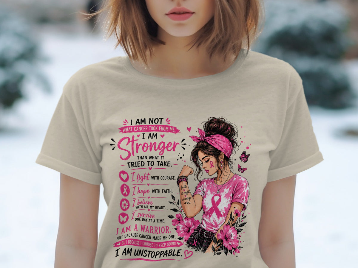 T-shirt with woman illustration and text about strength and fighting cancer.