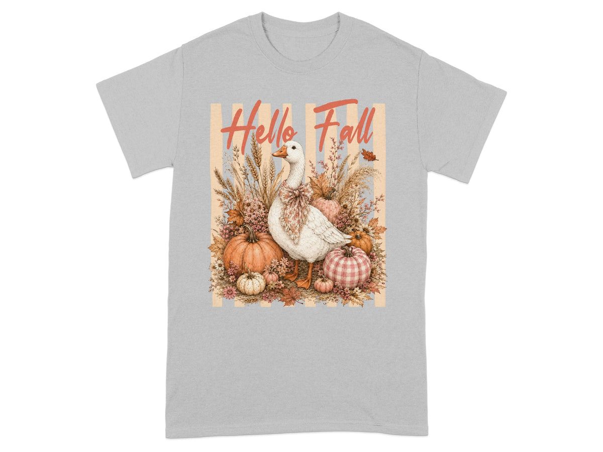 White goose with bow surrounded by pumpkins and fall foliage, "Hello Fall" text.