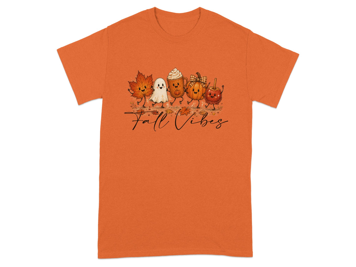 Autumn-themed characters and text "Fall Vibes" on an orange t-shirt.