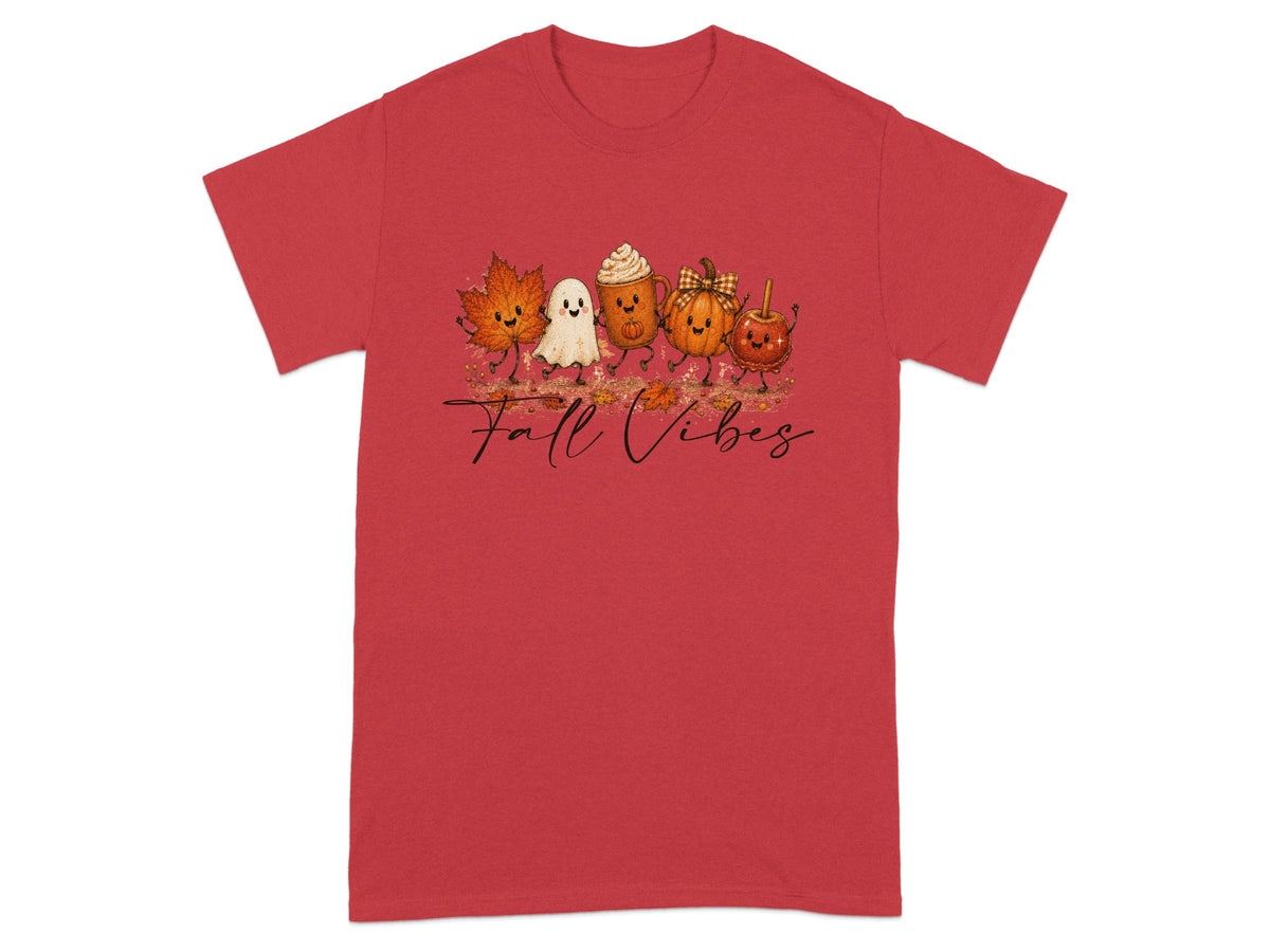 Red t-shirt with "Fall Vibes" text and autumn characters.