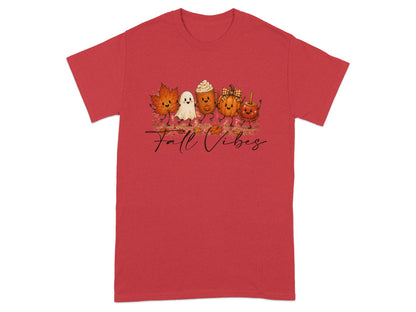 Red t-shirt with "Fall Vibes" text and autumn characters.