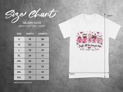 Gildan 5000 Heavy Cotton T-Shirt size chart with width and length measurements.