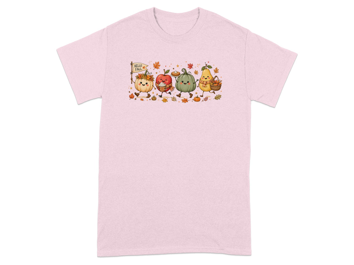 Fall-themed cartoon fruits and vegetables parade across a pink t-shirt.