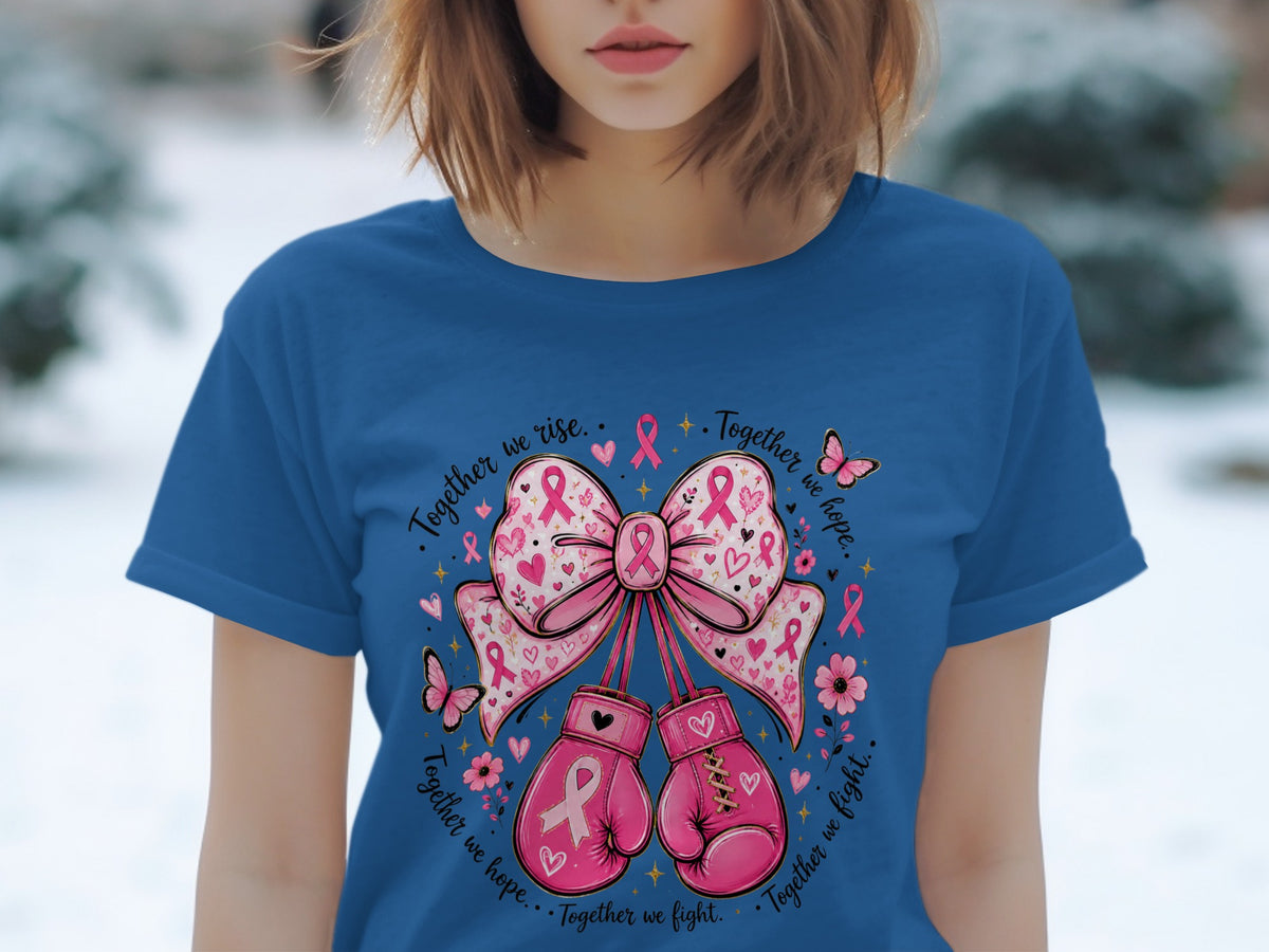 Blue t-shirt with pink boxing gloves, bow, and breast cancer ribbons.