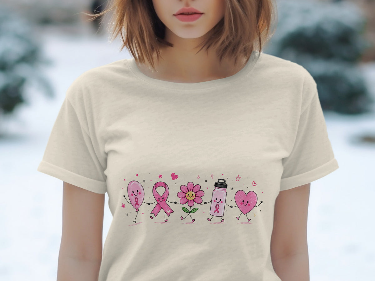 Pink balloon, ribbon, flower, water bottle, and heart characters holding hands with pink ribbons.