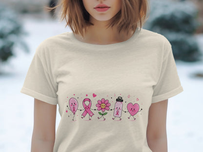 Pink balloon, ribbon, flower, water bottle, and heart characters holding hands with pink ribbons.