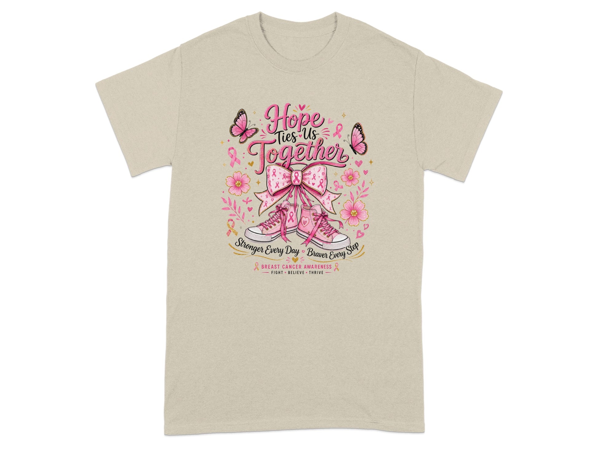 T-shirt with "Hope Ties Us Together" text and pink ribbon graphics.