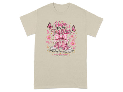T-shirt with "Hope Ties Us Together" text and pink ribbon graphics.