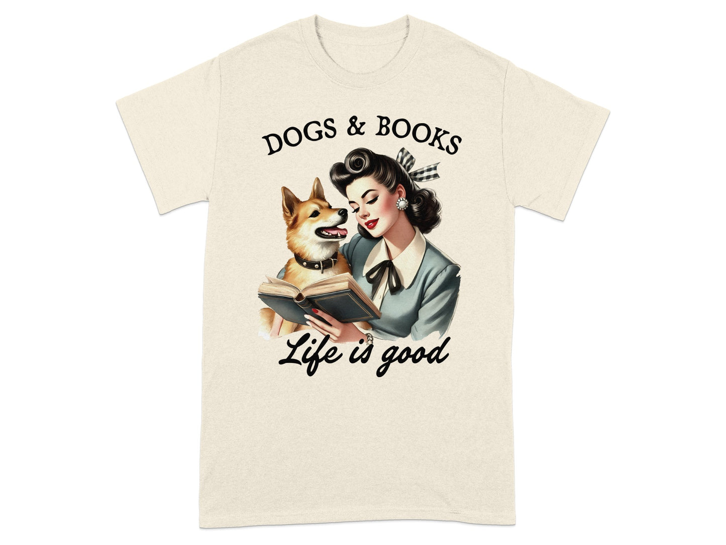 Illustration of woman and dog reading a book with text "Dogs & Books Life is good."