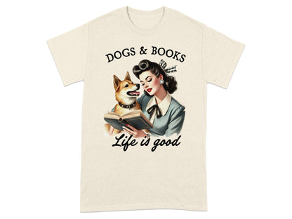 Illustration of woman and dog reading a book with text "Dogs & Books Life is good."