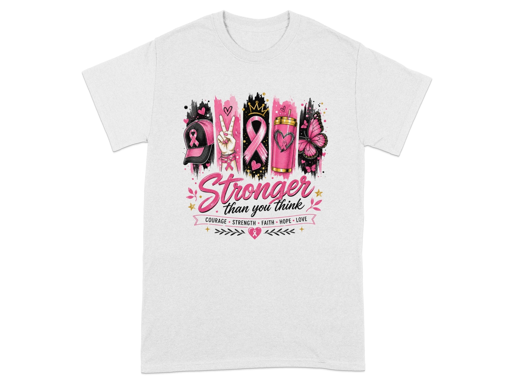 White t-shirt with "Stronger than you think" text and breast cancer awareness symbols.
