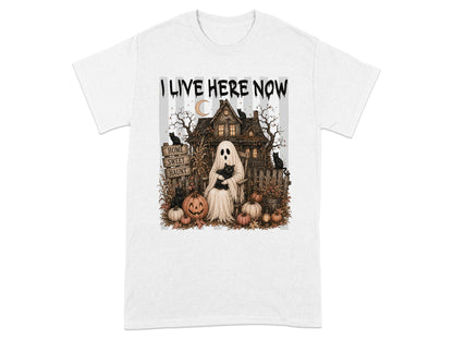Ghost with black cat sits by haunted house; "I LIVE HERE NOW" text.