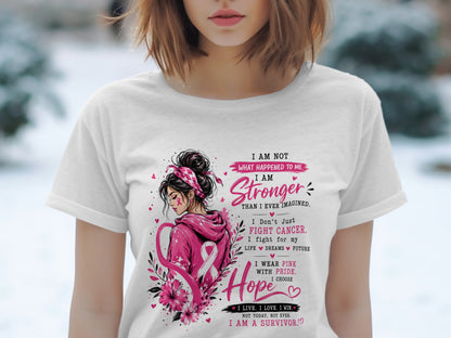 Woman wearing white t-shirt with breast cancer awareness design and inspirational text.