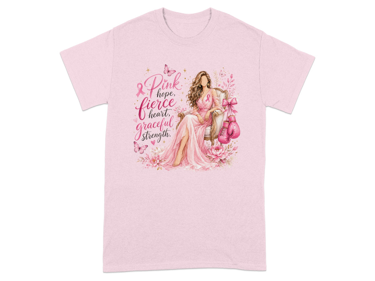 Pink t-shirt with woman, boxing gloves, and text: hope, fierce heart, graceful strength.