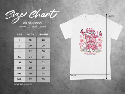 Gildan 5000 size chart for heavy cotton t-shirts with width and length measurements in inches.