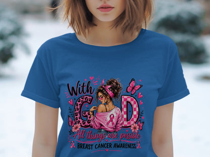 With God, all things are possible breast cancer awareness t-shirt design.