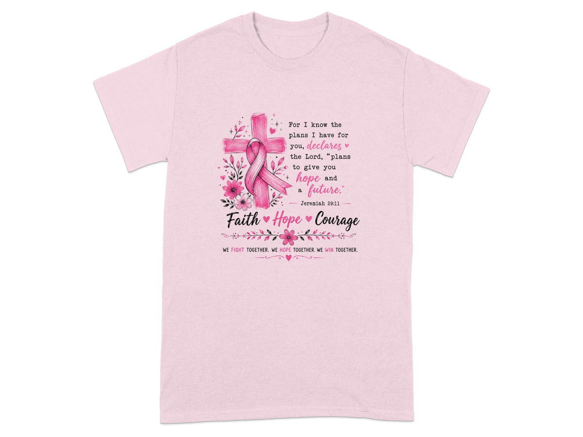 Pink t-shirt with pink cross, ribbon, floral design, and inspirational text.