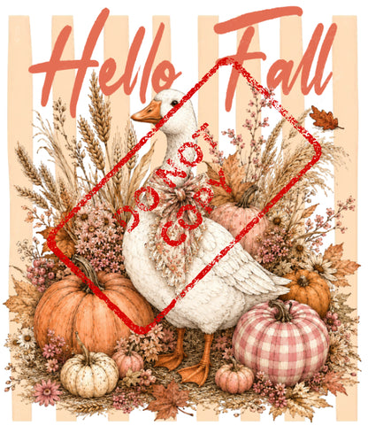 "Hello Fall" text over a white goose surrounded by pumpkins and autumn foliage.