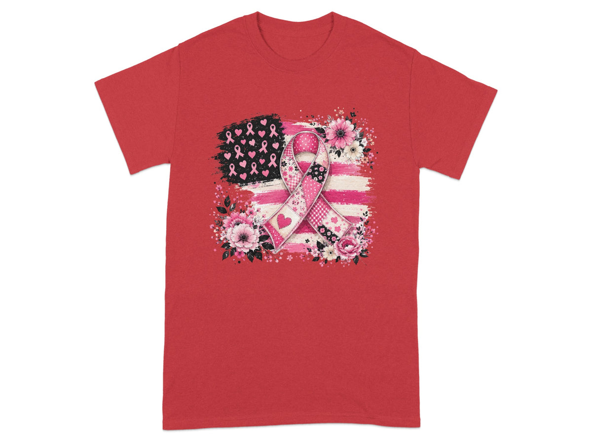 Red t-shirt with a pink ribbon, flowers, and a distressed American flag design.