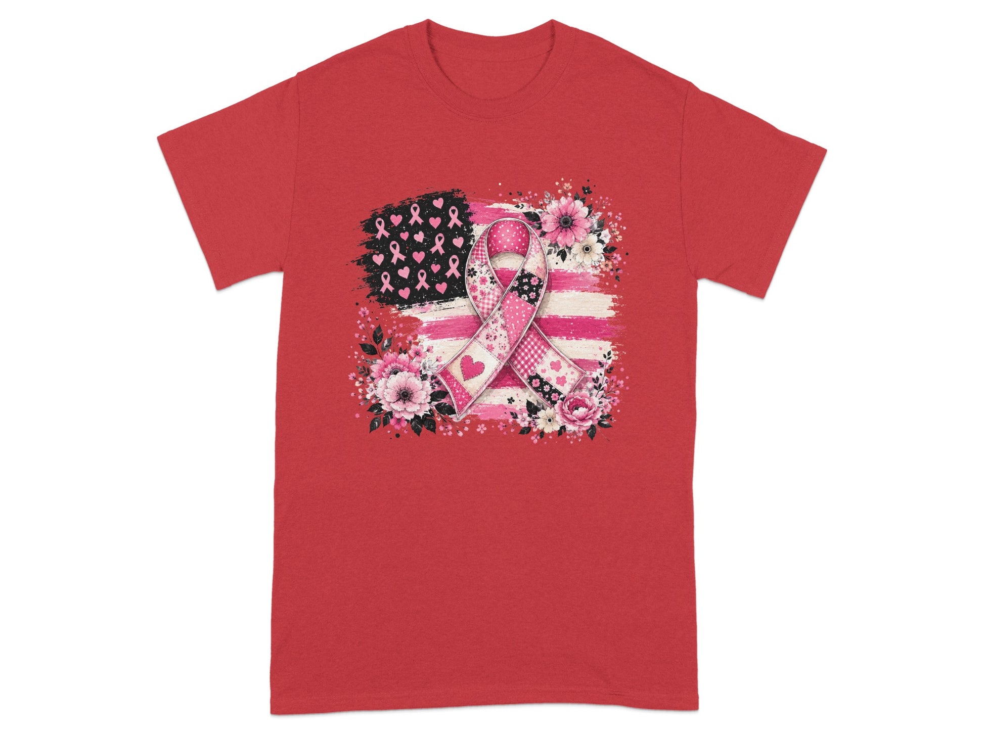 Red t-shirt with a pink ribbon, flowers, and a distressed American flag design.